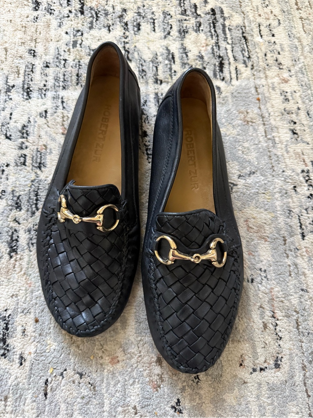 Robert Zir perlata Black Woven Leather Loafers with Gold Horsebit 9